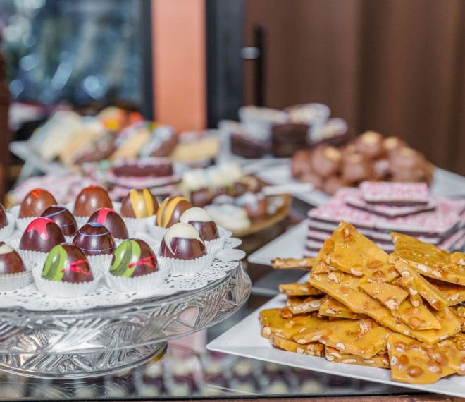 Various chocolate treats and desserts on display