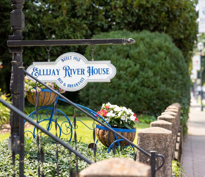 exterior sign for Ellijay River House Bed & Breakfast