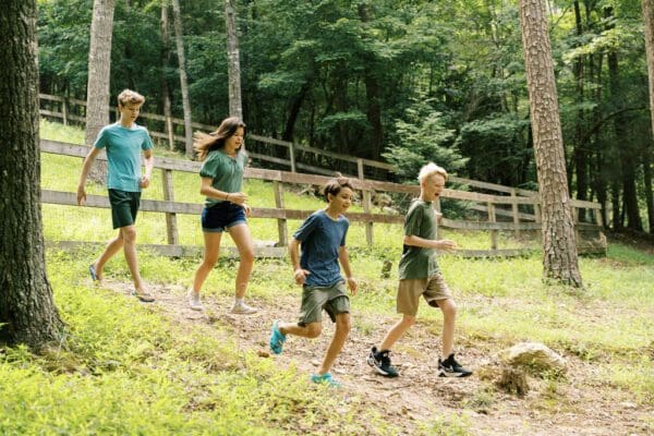 a family hiking outdoors