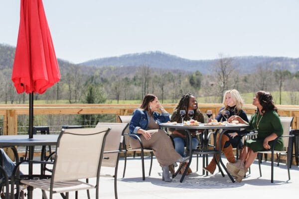 a group of women drinking wine and eating outdoors
