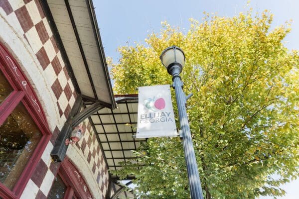 Ellijay banner on a flag post in the fall