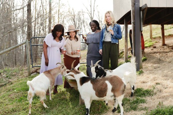 women drinking wine and playing with goats