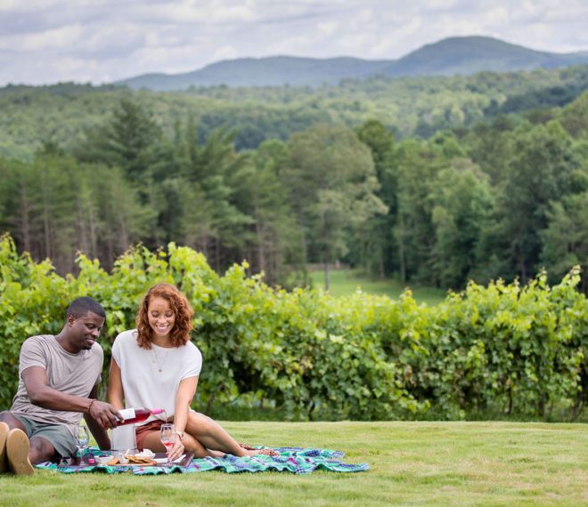 couple enjoying wine on a blanket in a beautiful field
