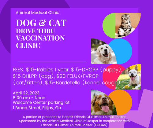 FOGAS x Animal Medical Clinic of Jasper pet vaccination clinic graphic