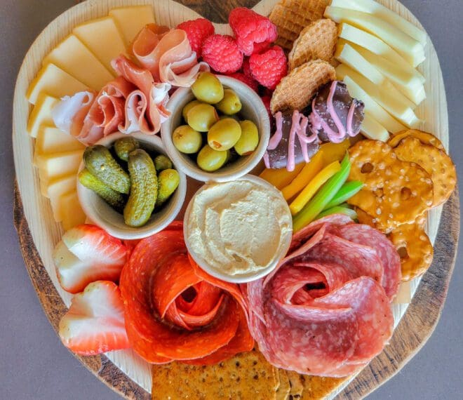 heart shaped charcuterie tray from Pampered Mountains Getaway